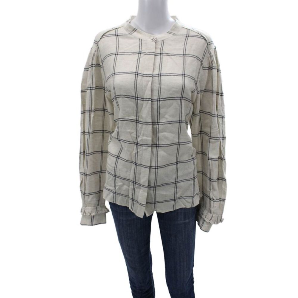 Kobi Halperin Women Beige Plaid Viscose Collared Long Sleeve Blouse Size 2XL